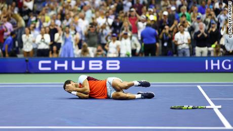 Carlos Alcaraz reacts after defeating Casper Ruud during their Men&#39;s Singles Final match of the 2022 US Open on September 11, 2022.