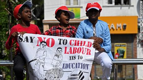 Young boys take part in an awareness rally to mark &#39;World Day Against Child Labour&#39; in Chennai, India on June 12, 2022. 