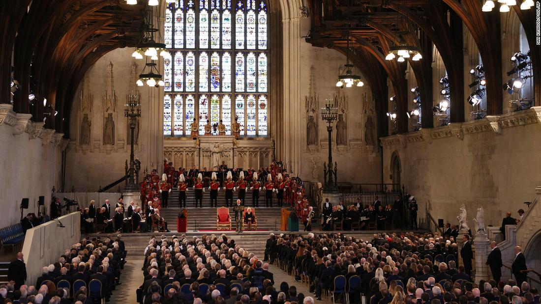 The King gives &lt;a href=&quot;https://www.cnn.com/2022/09/12/uk/queen-elizabeth-death-monday-intl-gbr/index.html&quot; target=&quot;_blank&quot;&gt;his first address to Parliament&lt;/a&gt; at London&#39;s Westminster Hall. He began by thanking the Speakers of the Houses of Commons and Lords for their opening speeches, &quot;which so touchingly encompass what our late Sovereign, my beloved mother The Queen, meant to us all.&quot;