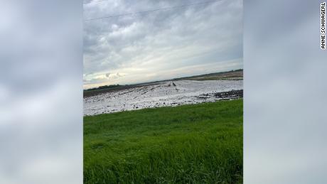 A soaked field of newly planted corn at Anne Schwagerl's Prairie Point Farm in western Minnesota after a heavy storm in the spring of 2022 dropped 3.5 inches of rain. The heavy rain came months after Schwagerl and other Minnesota farmers endured the worst drought in decades and exemplifies the &quot;whiplash&quot; nature of extreme weather, she said. 