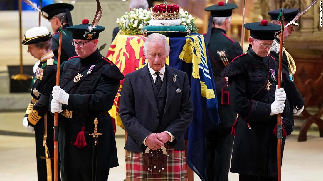 The King and other members of the royal family hold a vigil at the Queen&#39;s coffin while it was inside St. Giles&#39; Cathedral in Edinburgh on September 12.