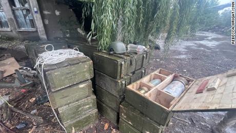 Piles of ammunition found near a bunker the Russians used as a command center in Izium.