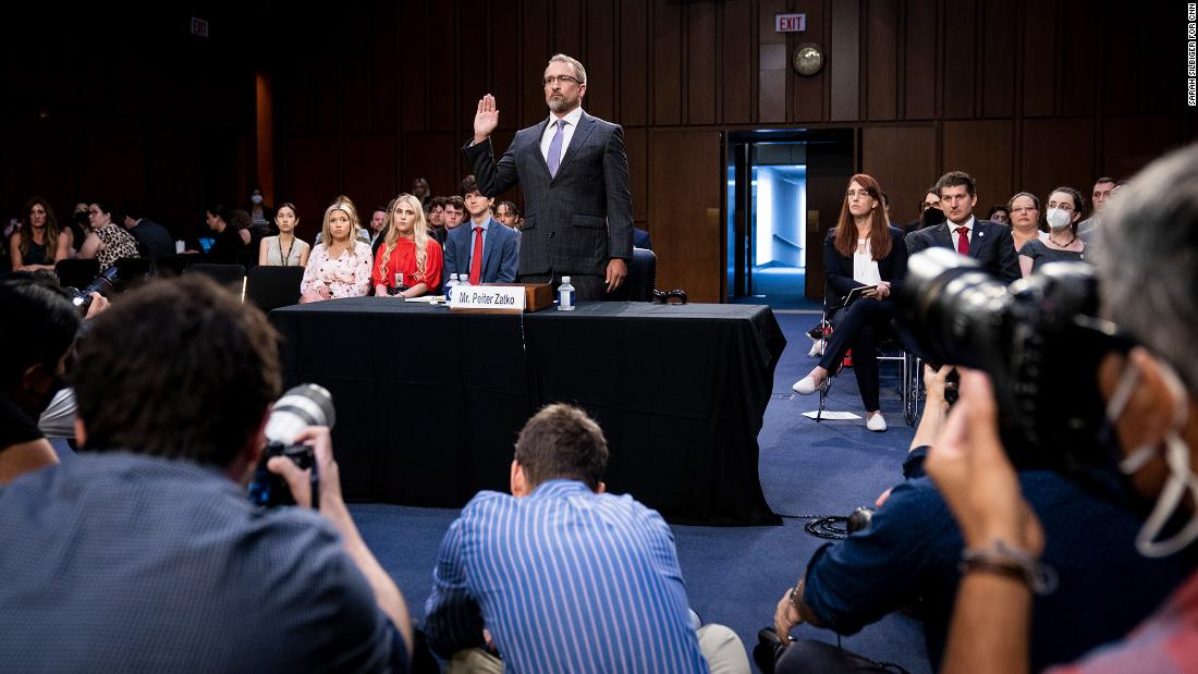 Twitter whistleblower Peiter &quot;Mudge&quot; Zatko is sworn in to testify before the Senate Judiciary Committee on Tuesday, September 13.
