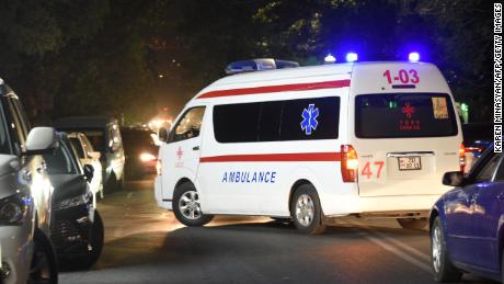 An ambulance moves on a street near a military hospital in Yerevan, Armenia, after a nighttime border clash on September 13, 2022.