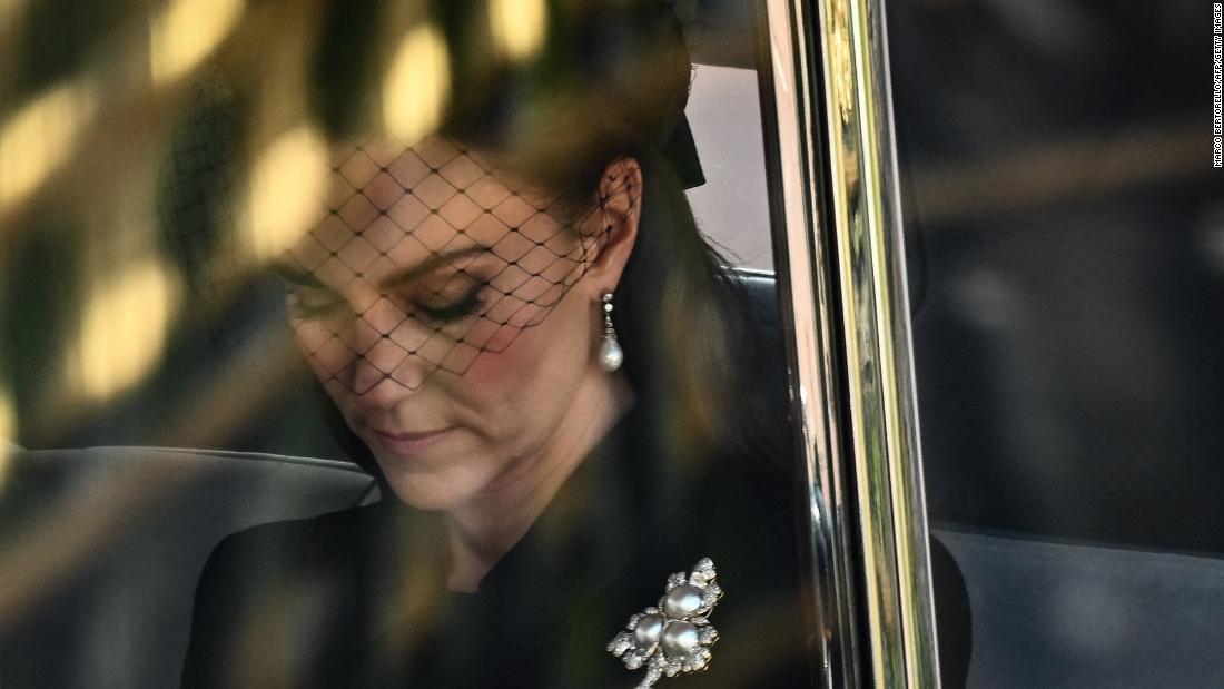 Catherine, the Princess of Wales, is driven behind the Queen&#39;s coffin during the procession on Wednesday. She wore a &lt;a href=&quot;https://www.cnn.com/uk/live-news/queen-elizabeth-westminster-news-intl/h_4d1112da48746580ca73eaca8e33382a&quot; target=&quot;_blank&quot;&gt;diamond and pearl leaf brooch&lt;/a&gt; that belonged to the Queen, according to the UK&#39;s Press Association.