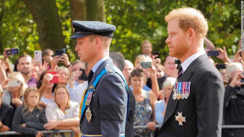 Prince William and Prince Harry follow the coffin of Queen Elizabeth II during the procession on Wednesday.