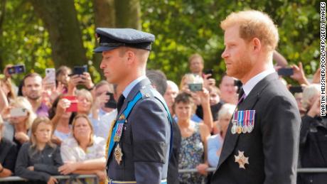Prince William and Prince Harry follow the coffin of Queen Elizabeth II during the procession on Wednesday.