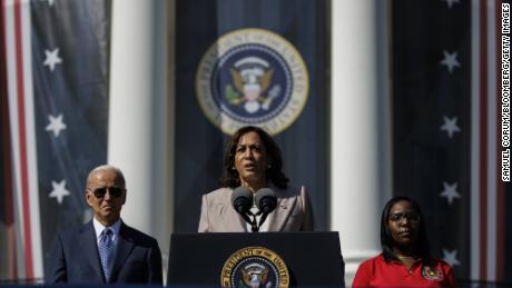 Vice President Kamala Harris speaks beside President Joe Biden during an Inflation Reduction Act event on the South Lawn of the White House on Tuesday.  