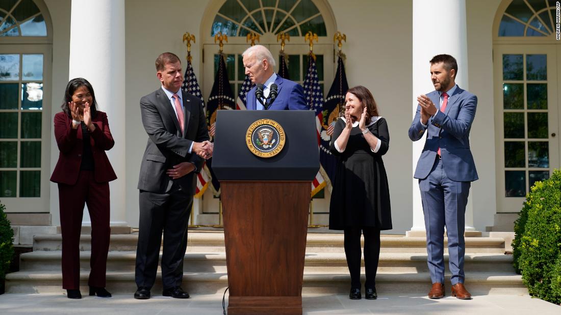 US President Joe Biden shakes hands with Labor Secretary Marty Walsh while speaking in the White House Rose Garden on Thursday, September 15. Biden proclaimed a huge win for rail workers and organized labor after his administration brokered a tentative deal with freight bosses on long-sought improvements in working conditions, &lt;a href=&quot;https://www.cnn.com/2022/09/15/politics/railroad-strike-talks-biden-economic-disaster/index.html&quot; target=&quot;_blank&quot;&gt;averting a potentially disastrous strike.&lt;/a&gt;
