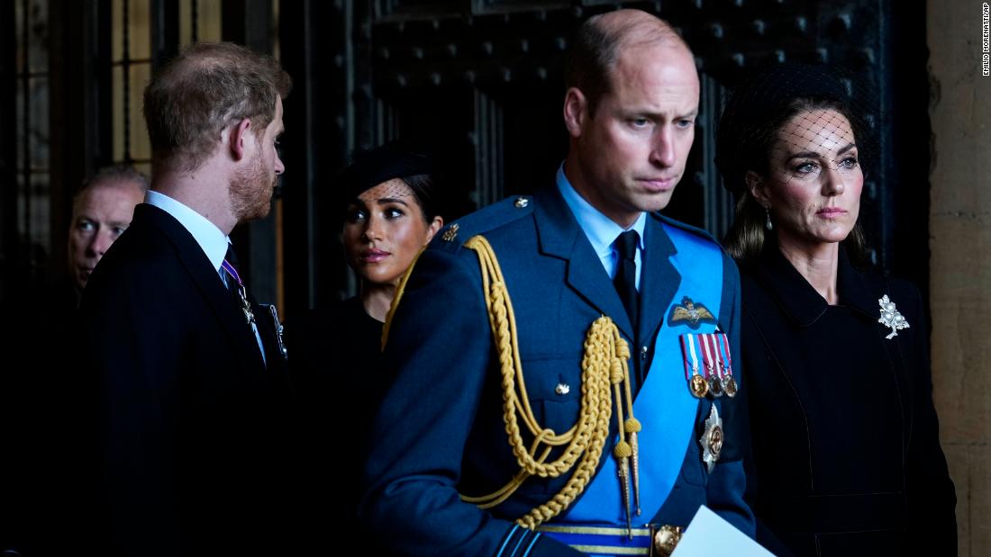 Britain's Prince Harry and Meghan, the Duchess of Sussex, walk behind Prince William and Catherine, the Princess of Wales, as they leave Westminster Hall in London on Wednesday, September 14. &lt;a href=&quot;https://www.cnn.com/2022/09/08/uk/gallery/britain-mourns-queen-elizabeth-ii/index.html&quot; target=&quot;_blank&quot;&gt;The Queen's coffin is lying in state&lt;/a&gt; at Westminster Hall before her state funeral on Monday.