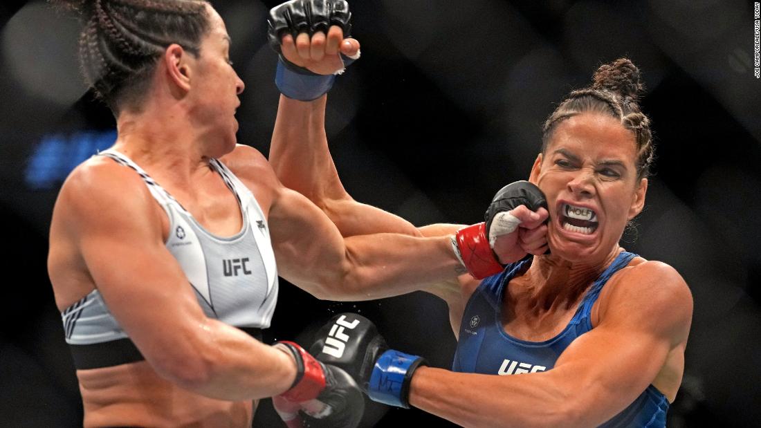 Norma Dumont punches Danyelle Wolf during their UFC bout in Las Vegas on Saturday, September 10. Dumont won by decision.
