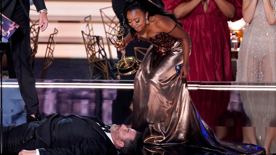 Actress Quinta Brunson checks on talk-show host Jimmy Kimmel, who was lying on the ground as part of a comedy bit at the &lt;a href=&quot;https://www.cnn.com/entertainment/live-news/emmys-2022-updates&quot; target=&quot;_blank&quot;&gt;Primetime Emmy Awards&lt;/a&gt; on Monday, September 12. Brunson had just won an Emmy for her role in &quot;Abbott Elementary,&quot; and Kimmel laid there during her entire acceptance speech. Kimmel had her on his show Wednesday and &lt;a href=&quot;https://www.cnn.com/2022/09/15/entertainment/jimmy-kimmel-quinta-brunson&quot; target=&quot;_blank&quot;&gt;apologized for the bit,&lt;/a&gt; which some viewers felt took away from Brunson's big moment.