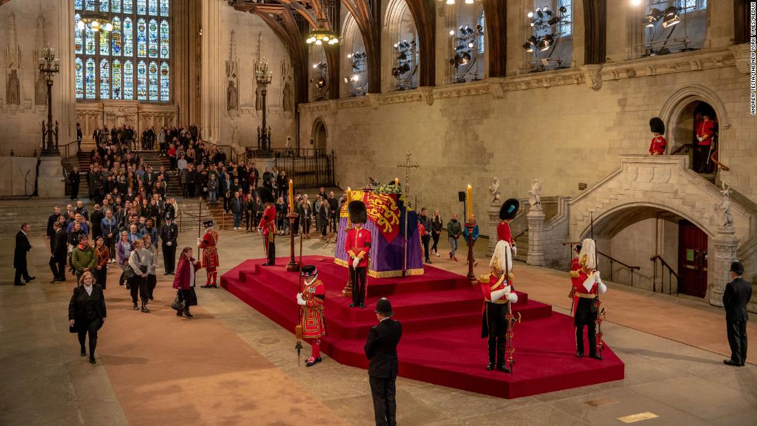 Members of the public visit Westminster Hall in London, where Queen Elizabeth II was lying in state on Thursday, September 15. &lt;a href=&quot;https://www.cnn.com/uk/live-news/queen-elizabeth-westminster-news-intl/h_a238f12149215de2857c1dceb3b9e742&quot; target=&quot;_blank&quot;&gt;Mourners have packed London's streets&lt;/a&gt; for the chance to see the Queen's coffin and pay their respects.