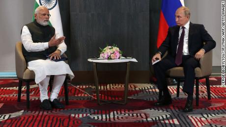 Russian President Vladimir Putin meets with India&#39;s Prime Minister Narendra Modi on the sidelines of the Shanghai Cooperation Organisation (SCO) leaders&#39; summit in Samarkand on September 16, 2022. (Photo by Sergei BOBYLYOV / SPUTNIK / AFP) (Photo by SERGEI BOBYLYOV/SPUTNIK/AFP via Getty Images)