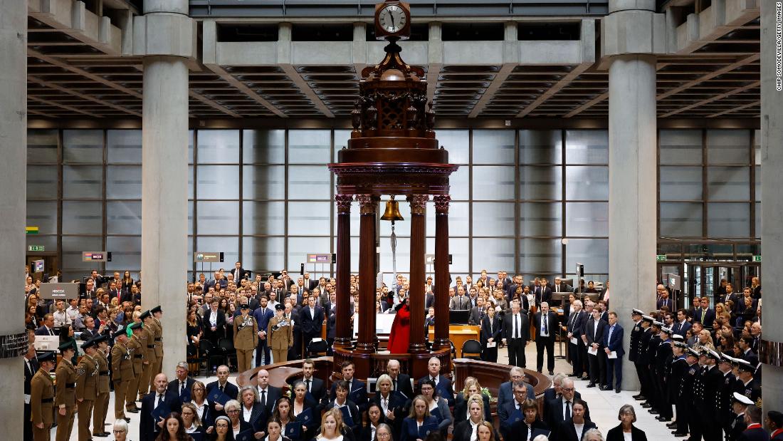 The Lutine Bell is rung once to mark the Queen&#39;s death Thursday in the underwriting room at Lloyd&#39;s of London. The bell was also rung twice to mark the accession of the King. The bell is traditionally rung once for bad news and twice for good news.