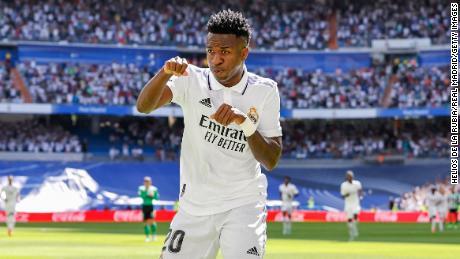 Vinicius Jr celebrates his goal against Real Betis for Real Madrid on September 3, 2022.