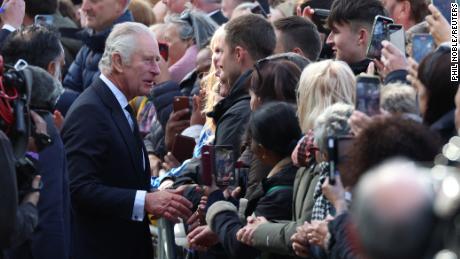 Britain&#39;s King Charles greets people queueing to pay their respects to Britain&#39;s Queen Elizabeth following her death, in London, Britain, September 17, 2022.