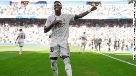 Vinicius celebrates after scoring Real Madrid&#39;s second goal against Mallorca.