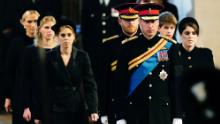 Left to right: Zara Tindall, Lady Louise, Princess Beatrice, Prince William, the prince of Wales, Prince Harry, Princess Eugenie, Viscount James Severn and Peter Phillips attend the vigil of the Queen&#39;s grandchildren around the coffin, as it lies in state on the catafalque in Westminster Hall, at the Palace of Westminster, London, Saturday, Sept. 17, 2022, ahead of her funeral on Monday. (Aaron Chown/Pool Photo via AP)