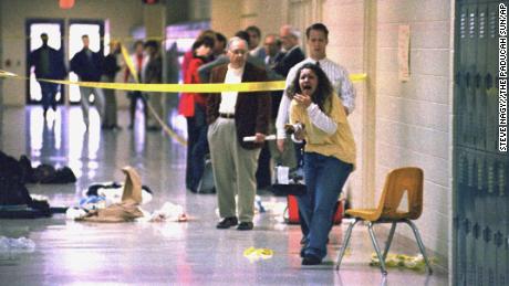 A Heath High School student  at the scene of a shooting at the school on December 1, 1997.