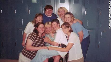 Missy Jenkins Smith with friends in the hallway of Heath High School during junior year.
