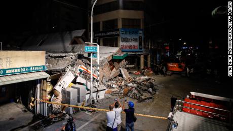 The wreckage of a collapsed building in Hualien, Taiwan.