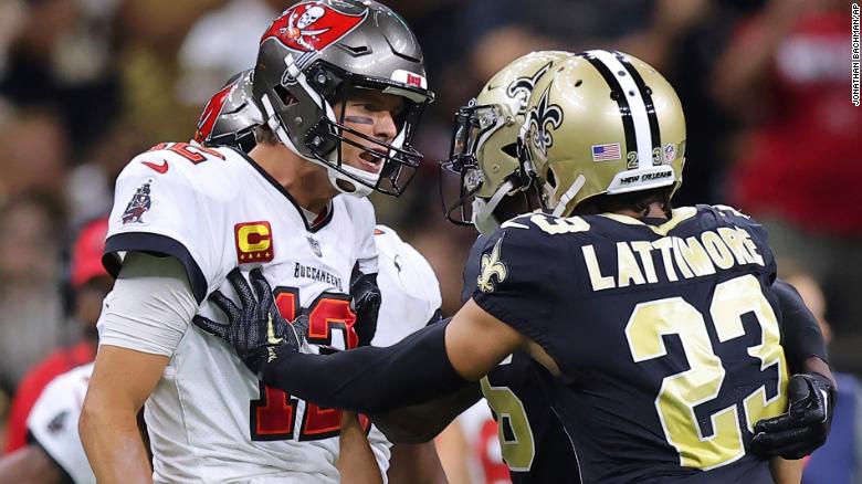 Tampa Bay Buccaneers quarterback Tom Brady and New Orleans Saints cornerback Marshon Lattimore get into an altercation during the second half of the Bucs&#39; chippy 20-10 win over the Saints. The win snapped Brady&#39;s personal seven-game losing streak against the Saints.