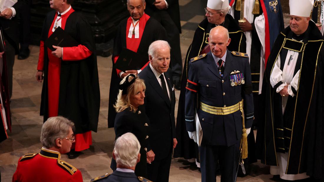 US President Joe Biden and first lady Jill Biden arrive at Westminster Abbey for the funeral.
