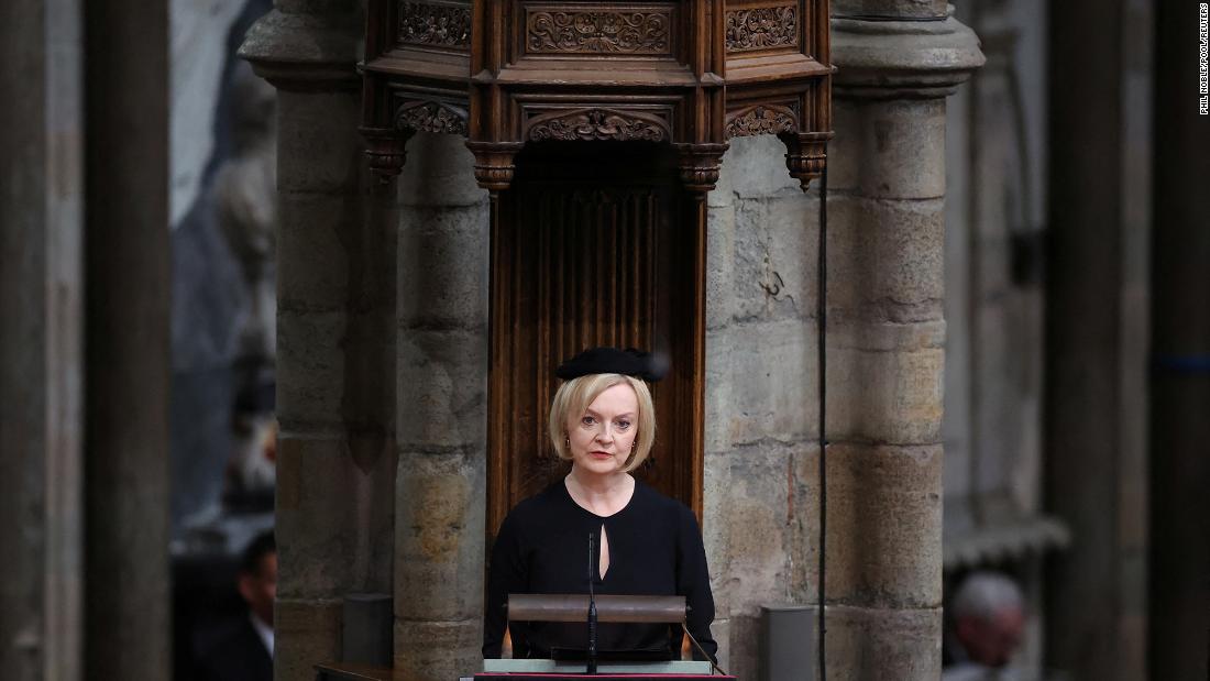 British Prime Minister Liz Truss speaks during the funeral service. Truss, who has been prime minister for less than two weeks, &lt;a href=&quot;https://www.cnn.com/uk/live-news/funeral-queen-elizabeth-intl-gbr/h_635b56605100999e16165fb7ecfea8ad&quot; target=&quot;_blank&quot;&gt;read from the Gospel of John.&lt;/a&gt;