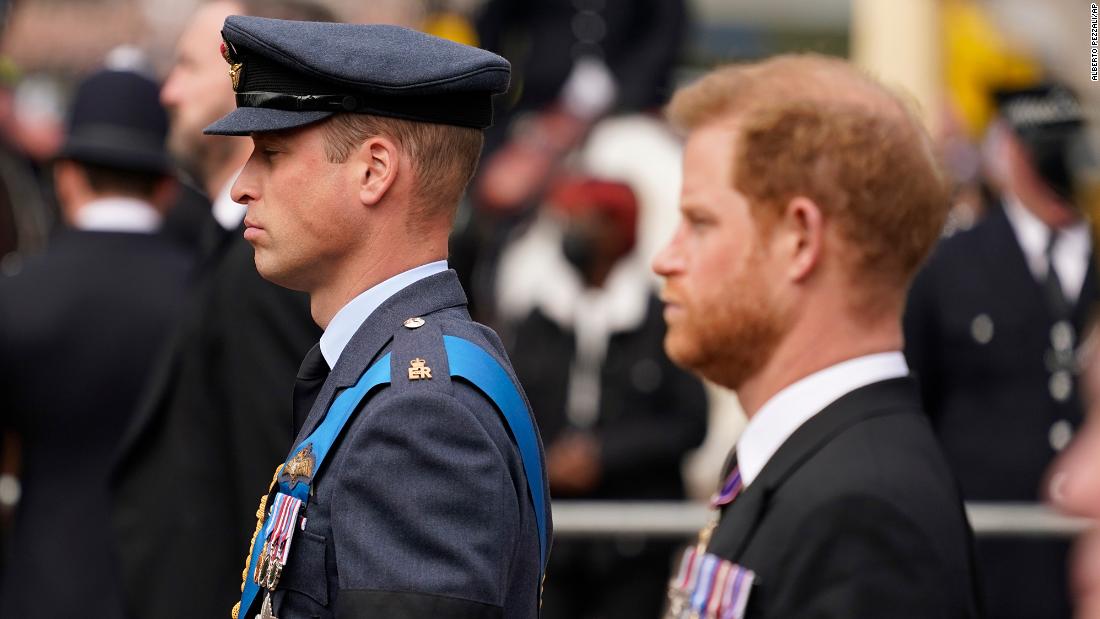 Prince William, left, and Prince Harry follow the Queen&#39;s coffin during the  procession following her funeral.