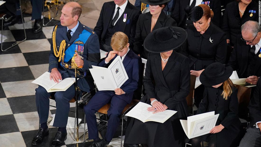 From left, Prince William; Prince George; Catherine, the Princess of Wales; and Princess Charlotte attend the funeral service.