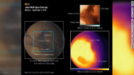 Webbs eerste beelden van Mars tonen het oostelijk halfrond van de planeet in twee golflengten van infrarood licht.