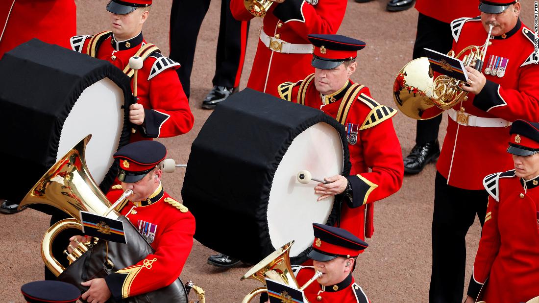 The Band of the Coldstream Guards plays in London on Monday.