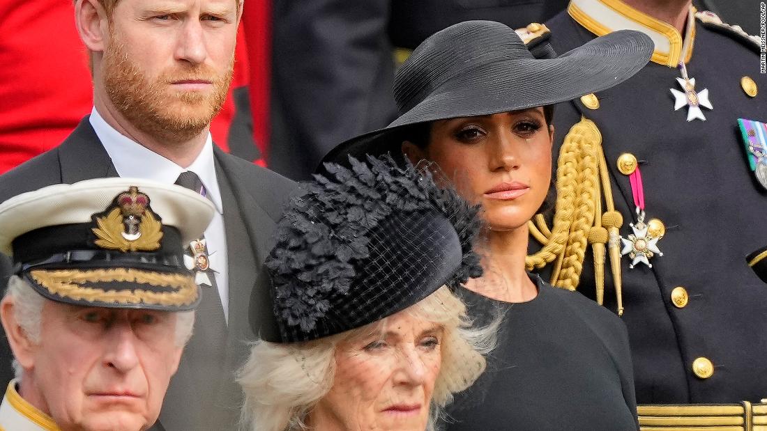The King and his wife Camilla, the Queen Consort, are seen in front of Prince Harry and his wife Meghan, the Duchess of Sussex, as they watch the Queen&#39;s coffin be placed into a hearse following Monday&#39;s funeral.