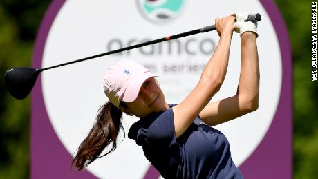 Ines Laklalech of Morocco tee off from the 7th hole during day one of the Aramco Team Series London on June 16, 2022 in St Albans, England. 