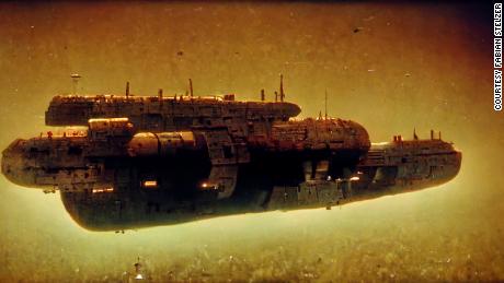 Many of Stelzer's "Salt" images use terms like "35mm" and "sci-fi." For this one, created with Midjourney, he typed "hi-res 35mm footage of long space ship freighter 1970s sci-fi, dark and beige atmosphere, dark electronics, salt crusts on the hull, sparse LEDs."