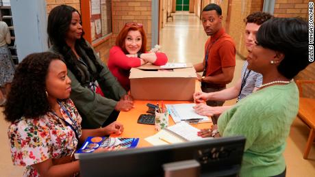 (From left) Quinta Brunson, Janelle James, Lisa Ann Walter, Tyler James Williams, Chris Perfetti and Sheryl Lee Ralph in a scene from &quot;Abbott Elementary.&quot;