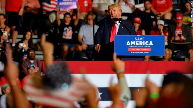 YOUNGSTOWN, OH - SEPTEMBER 17: Audience members put their index finger up to symbolize America First while President Donald Trump speaks at a Save America Rally to support Republican candidates running for state and federal offices in the state of Ohio at the Covelli Centre on September 17, 2022 in Youngstown, Ohio. Republican Senate candidate JD Vance and Rep. Jim Jordan(R-OH) will spoke to supporters along with Former President Trump.(Photo by Jeff Swensen/Getty Images)