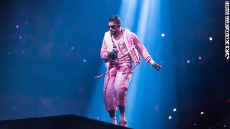 Bad Bunny performs on stage at the FTX Arena on April 1, 2022 in Miami, Florida.