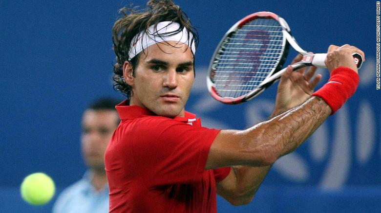 Federer plays a backhand during the quarterfinals of the 2008 Beijing Olympics.