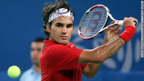 Federer hits a backhand in the quarterfinals of the Beijing 2008 Olympics.