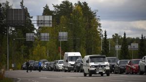 Cars coming from Russia wait in long lines at the border checkpoint between Russia and Finland near Vaalimaa, on September 22, 2022. - Finland said on September 21, 2022 it was is preparing a national solution to &quot;limit or completely prevent&quot; tourism from Russia following the invasion of Ukraine. Since Russia&#39;s Covid-19 restrictions expired in July, there has been a boom in Russian travellers and a rising backlash in Europe against allowing in Russian tourists while the war continues. (Photo by Olivier MORIN / AFP) (Photo by OLIVIER MORIN/AFP via Getty Images)