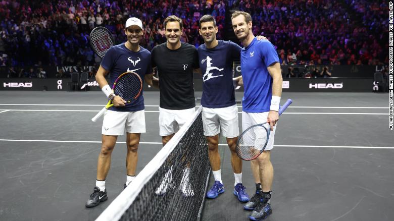 Federer poses with Nadal, Djokovic and Murray following a practice session ahead of the 2022 Laver Cup.