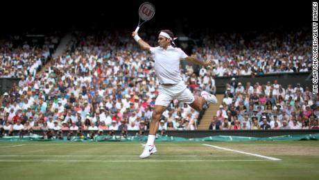 LONDON, ENGLAND - JULY 16: A majestic Roger Federer of Switzerland in action against Marin Cilic of Croatia during the Gentlemen&#39;s Singles final of the Wimbledon Lawn Tennis Championships at the All England Lawn Tennis and Croquet Club at Wimbledon on July 16, 2017 in London, England. (Photo by Tim Clayton/Corbis via Getty Images)
