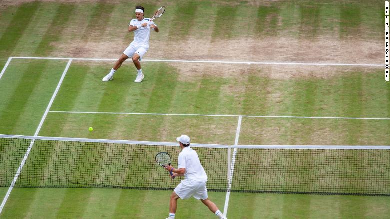 Federer, top, plays Andy Roddick during the 2005 Wimbledon final. Federer won five straight Wimbledons from 2003-2007.