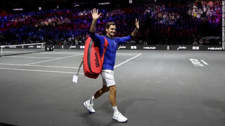Federer acknowledges the crowd after a Laver Cup practice session in London.