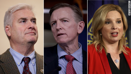 From left, US Republican Reps. Tom Emmer, Paul Gosar and Ashley Hinson. All three voted against a bipartisan infrastructure bill last year but signed on to requests for money from that legislation to fund projects for their constituents. 