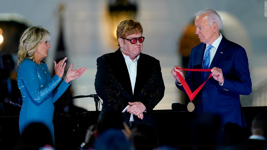 US President Joe Biden, joined by first lady Jill Biden, &lt;a href=&quot;https://www.cnn.com/2022/09/23/politics/elton-john-humanities-medal-white-house-performance-biden/index.html&quot; target=&quot;_blank&quot;&gt;presents John with the National Humanities Medal&lt;/a&gt; after a concert on the South Lawn of the White House in September 2022. The medal, according to the presentation, was to honor John &quot;for moving our souls with his powerful voice and one of the defining song books of all time. An enduring icon and advocate with absolute courage, who found purpose to challenge convention, shatter stigma and advance the simple truth — that everyone deserves to be treated with dignity and respect.&quot;