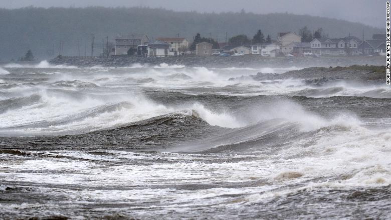 Waves pound the shores of Eastern Passage, Nova Scotia, as Fiona made landfall on Saturday.