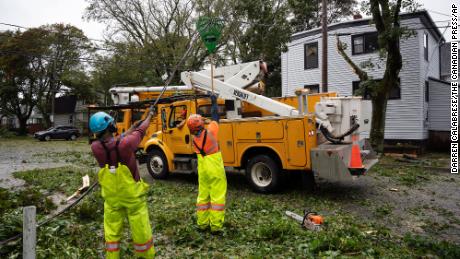 Работници вдигат срязана жица, за да позволят на машините да достигнат широколистни дървета в Халифакс, Нова Скотия, в събота.
